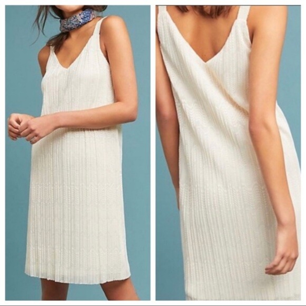 Anthropologie Meadow Rue Prespa Ivory Sleeveless Pleated Shift Dress Sz 8